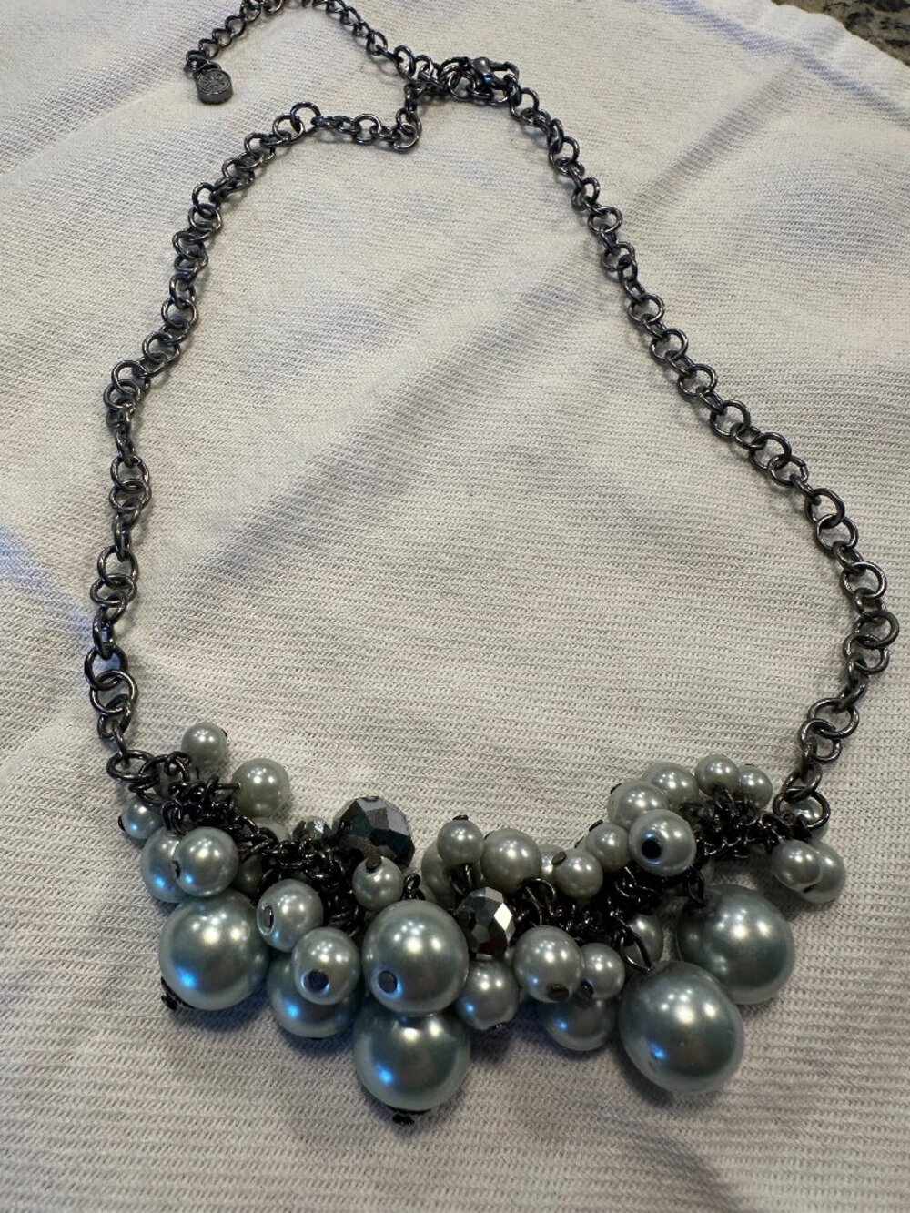 Statement Gunmetal Gray Pearl and Black Crystal Cluster Necklace